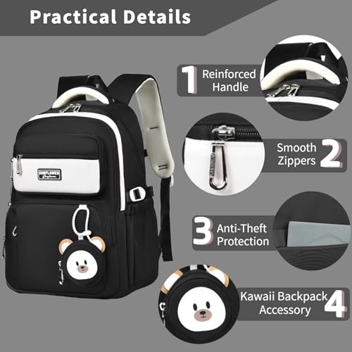 Leaper Preppy Backpack for Teens : 18.5 inch Bookbag Multi-pocket for School Daily -Water Resistant Anti Theft Middle Highschool Student - Aged 10-16 - Gifts for Girls and Kids（Black） - color: Black-9802