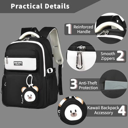 Leaper Preppy Backpack for Teens : 18.5 inch Bookbag Multi-pocket for School Daily -Water Resistant Anti Theft Middle Highschool Student - Aged 10-16 - Gifts for Girls and Kids（Black） - color: Black-9802