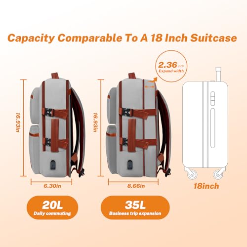 Expandable Travel Backpack Women Men with USB Charging Port, 15.6 Inch Laptop Backpack Waterproof Carry on Flight Approved for Travel Work Hiking College, Grey - color: Grey