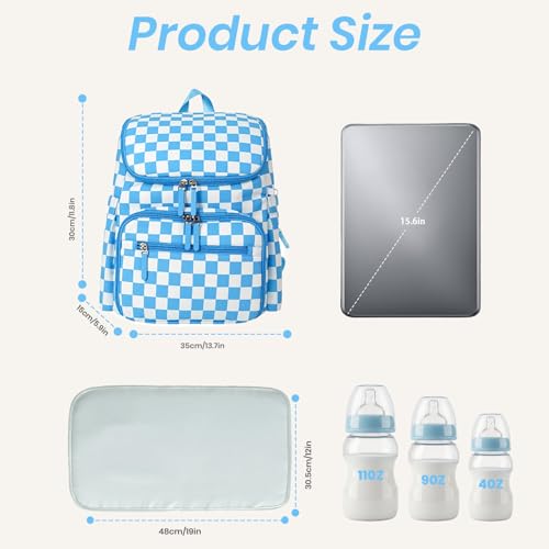 FHELAD Checkered Diaper Bag Backpack with Changing Pad & Stroller Clips, Large Travel Baby Diaper Bag for Newborn Moms, Baby Shower Gifts (Sky Blue) - color: Sky Blue