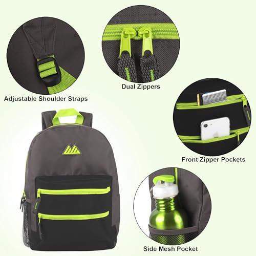 Summit Ridge Colorful Big Backpack for School Kids, Multi Pocket Backpack for Elementary, Middle School Girls, Boys with Padded Straps (Grey/Black) - color: Grey/Black