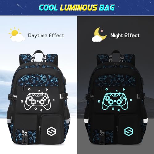Scothen Boys Backpack, Cool Luminous Gamer School Backpacks for Boys with 14oz Insulated Water Bottle Lunch Bag Pencil Case, Kids Backpack Book Bags for Kindergarten Elementary Middle School - color: Blue Pattern