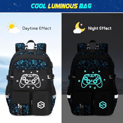 Scothen Boys Backpack, Cool Luminous Gamer School Backpacks for Boys with 14oz Insulated Water Bottle Lunch Bag Pencil Case, Kids Backpack Book Bags for Kindergarten Elementary Middle School - color: Blue Pattern
