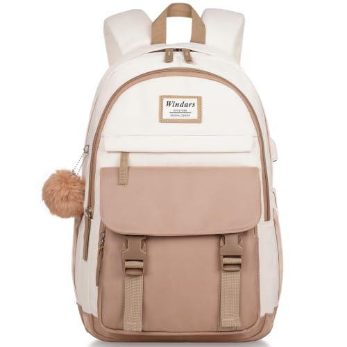 WINDARS School Backpack for Teen Girls, Cute College Backpacks for Women Students Aesthetic Bookbag Large 15.6 Inch Laptop Bag Middle School Travel Back Pack (Khaki Beige) - color: Beige Khaki, size: 15.6 inch