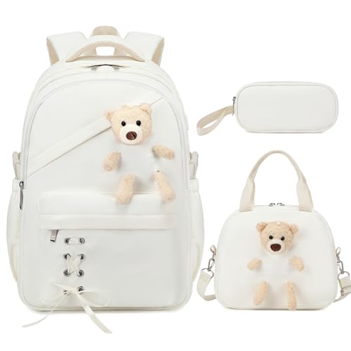 ACESAK School Backpack for Girls - 3 PCS Cute Girls Backpack with Lunch Box & Pencil Case - Kawaii Casual Kids Bookbag School Bag Daypacks Set for Elementary Middle High School Student Teens (Beige) - color: Beige