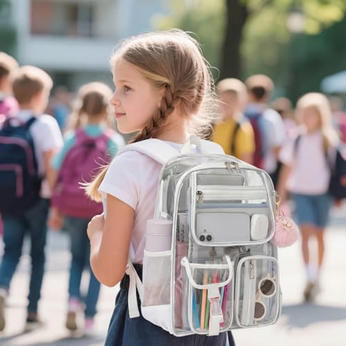 Clear Backpacks for Girls Women, Heavy Duty PVC Transparent School Bookbag See Through Back Pack for College Work Travel (White) - color: White