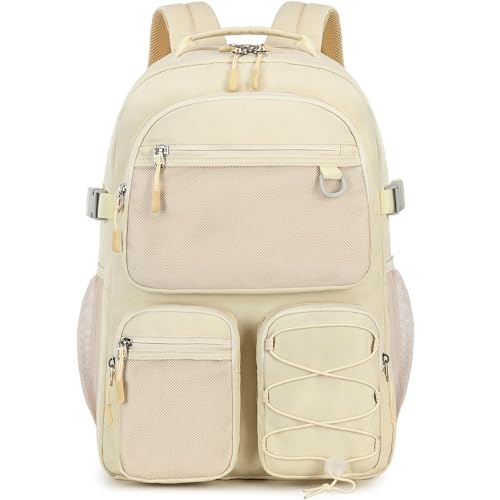 Lohol Water Resistant Backpack with Mulitiple Pockets for School Travel Outdoor College, 15.6 inch Laptop Bookbag for Girls and Women (Beige) - color: Beige