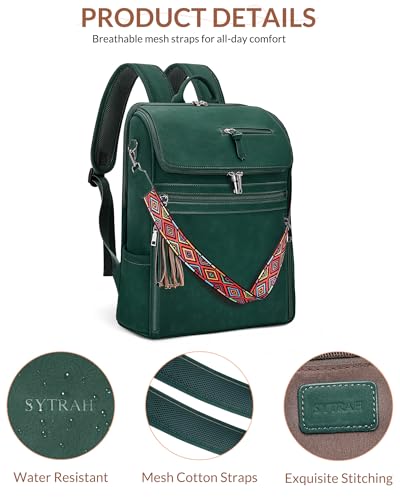 SYTRAH Leather Laptop Backpack for Women Designer Laptop Bag, 16.5 inch Travel Computer Backpacks Purse with Tassel for Work Business with Satchel Purse Green - color: Green