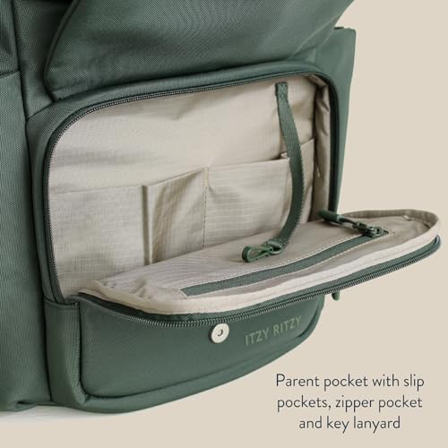 Itzy Ritzy Belong Bucket Backpack – Lightweight Diaper Bag Backpack Featuring 16 Pockets, Bucket Top Opening, Stroller Straps & Changing Pad – Organized and Stylish Everyday Family Backpack (Green) - color: Hunter Green