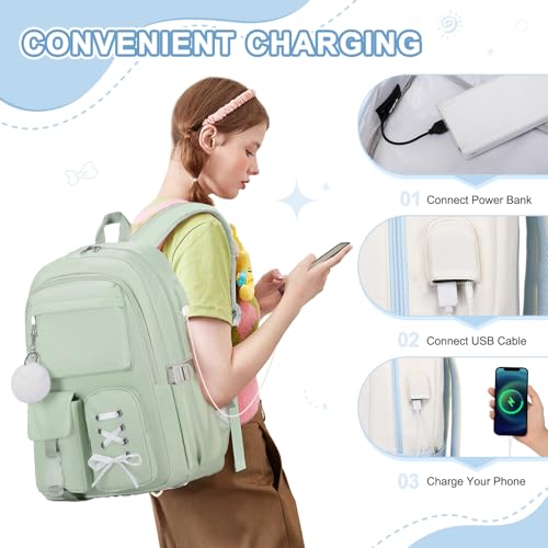 Scothen Backpacks for Girls, Girls Backpack with Lunch Box & Pencil Pouch for Teens Girl Kids Elementary Middle High School College Student Bookbag Daypack Laptop Travel Backpack for Women - color: Beige Blue