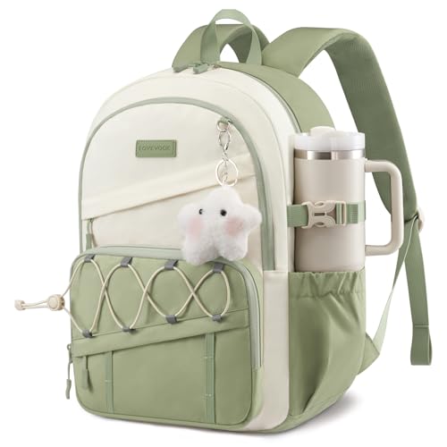 LOVEVOOK School Backpack for Teen Girls - Large Capacity College Student Laptop Backpack,Lightweight Cute Kid Bookbag with Water Bottle Holder, Ideal for school, Travel & Daily Use Fit 15.6" Laptop - color: Bean Green - Off White, size: 15.6 inch
