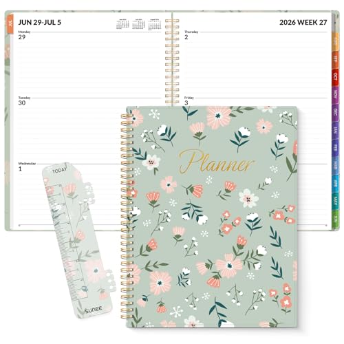 SUNEE Academic Planner 2026-2027 – Weekly & Monthly Planner, July 2026 to June 2027, 8.5"x11", Thick Paper, Tabs, Pockets, Bookmark, Spiral-Bound, Student Teacher Organizer, Green Wildflowers - color: Flowers