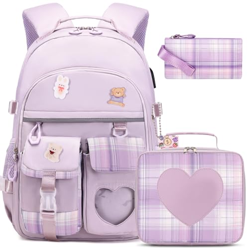 ACESAK Backpack for Girls - Bookbag Backpacks Schoolbag for Girls Kids Teen Women Casual Travel Daypacks - School Bag Elementary Middle School College Cute Backpack with Lunch Box (Purple) - color: Purple