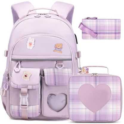 ACESAK Backpack for Girls - Bookbag Backpacks Schoolbag for Girls Kids Teen Women Casual Travel Daypacks - School Bag Elementary Middle School College Cute Backpack with Lunch Box (Purple) - color: Purple