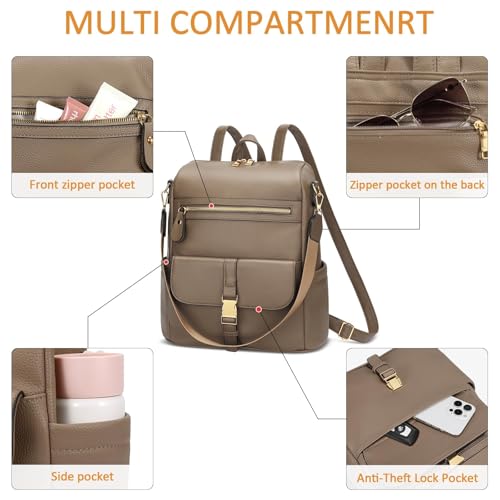 KKXIU Backpack Purse for Women - Multi-pocket Leather backpack for Travel, Work & School with Anti-Theft Lock Pocket, Luggage Strap & Water Bottle Pockets - 13x14x5.2 Inch, 1.67lb (Khaki) - color: Khaki