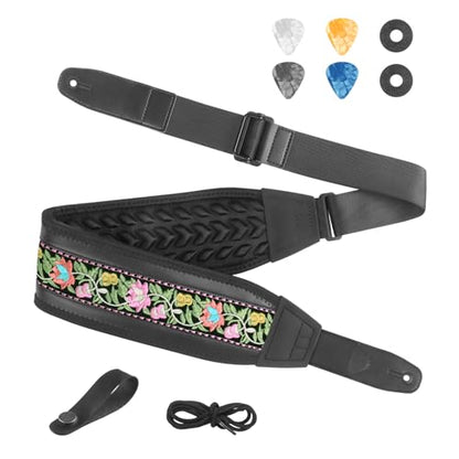 Guitar Straps for Electric Guitar Bass, Jacquard Embroidery Guitar Strap, 3" Wide Padded Straps with 3D Sponge Filling, Comes with 4 Picks + 2 Strap Locks + 1 Headstock Tie + 1 Tie Rope, Pink - color: Pink Embroidery