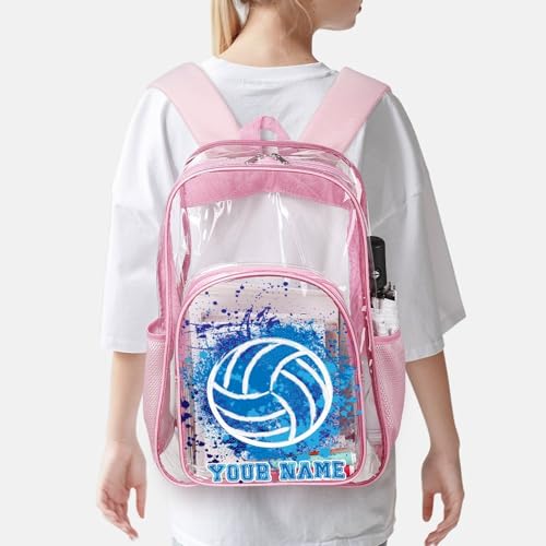 Custom Volleyball Clear Backpack Heavy Duty for Girls Kids Boys | Large Cool PVC Volleyball Theme Printing Transparent Backpacks for Schools Stadium Concerts Work - Clear/Pink - color: Volleyball Clear Backpack 2 Pink With Front Pocket Custom
