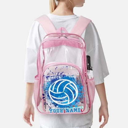 Custom Volleyball Clear Backpack Heavy Duty for Girls Kids Boys | Large Cool PVC Volleyball Theme Printing Transparent Backpacks for Schools Stadium Concerts Work - Clear/Pink - color: Volleyball Clear Backpack 2 Pink With Front Pocket Custom