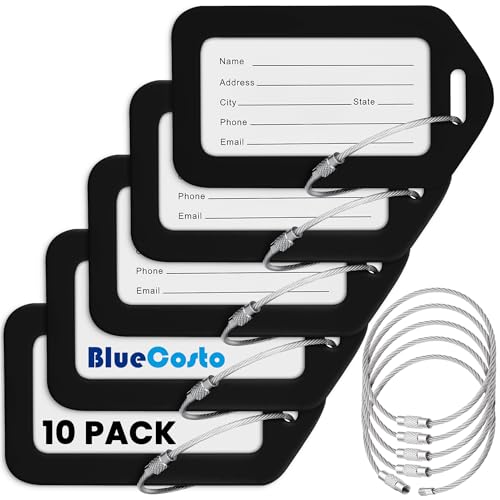 BlueCosto - Luggage Tags - Black, 10 Pack - Suitcase Tags with Name ID Card & Heavy-Duty Metal Wire Loops - Bright Colored PVC Identifiers for Travel Baggage - Backpack Name Labels - color: Black, size: 10