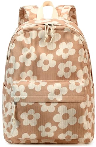 Bluboon School Backpack for Teen Girls Bookbags Elementary High School Corduroy Laptop Bags Women Travel Daypacks - color: Beige Large Flower 157 Brown