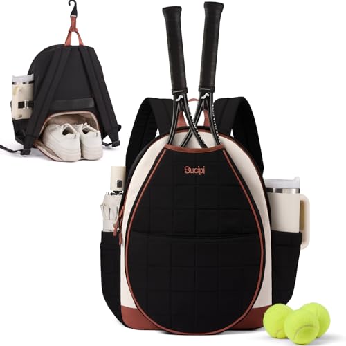 Sucipi Tennis Bags for Women, Quilted Tennis Racket Bag Backpack for Tennis Racquet, Pickleball Paddles, Badminton - color: Black-white-brown with cup holder, size: Large with Shoe Compartment