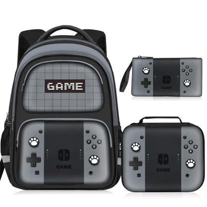 Kids Backpack For Boys，Gamer Boys Backpack For Children Teens Elementary Middle School, 17″ Students Bookbag - color: Backpack Set-sw-gray