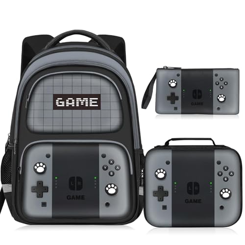 Kids Backpack For Boys，Gamer Boys Backpack For Children Teens Elementary Middle School, 17″ Students Bookbag - color: Backpack Set-sw-gray