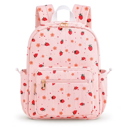 Corduroy Girls Backpack，Cute School Backpack for Teens Girls Kids Bookbags for Elementary High School Women Laptop Bags Daypacks With Lunch Bag and Pencil Case (Pink Strawberry, 1 Set) - color: Pink Strawberry, size: 1 Set