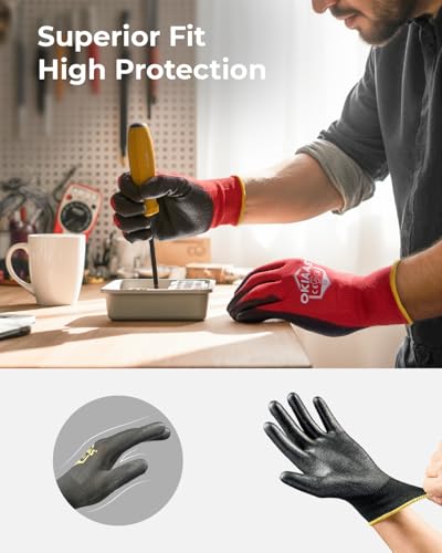 OKIAAS Men's Lightweight Construction Gloves with Grip, 12 Pairs, Red, Small - color: Red (12 Pairs), size: Small