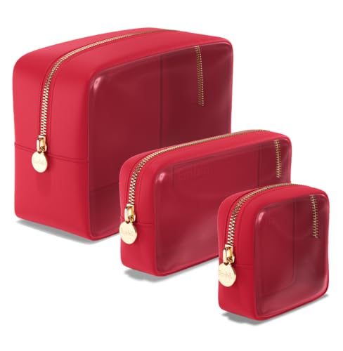 Clear Cosmetic Bags Set of 3, Mini Small Large Makeup Bags For Women Clear Pouch Cosmetics Cases Zipper Cute Pouches Make Up Travel Toiletry Essentials Preppy Purse Organizer Makeup Cases, Ruby - color: Ruby, size: Multipack