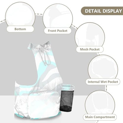 Drawstring Backpack Gym Swim Bag With Inside Pockets String Back Bag Dry Wet Separation Turquoise Blue Gray