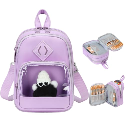 Large Capacity Kids Backpack Pencil Case Pen Bag with Clear Pocket, Cute Kawaii Pen Pouch Organizer with Adjustable Strap & Plush Doll Keychain for School Girls Boys (Purple) - color: Purple