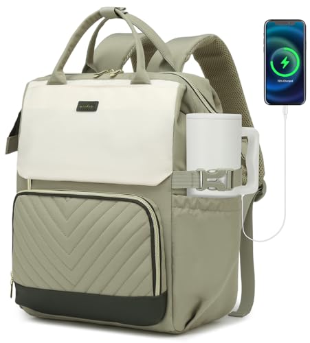 Laptop Backpack for Women, College Bookbag School Backpack for High School Teen Girls, Work Bags with Cup Holder & USB Charger for Teacher Nurse Travel, Beige Green - color: Beige Green, size: 15.6in