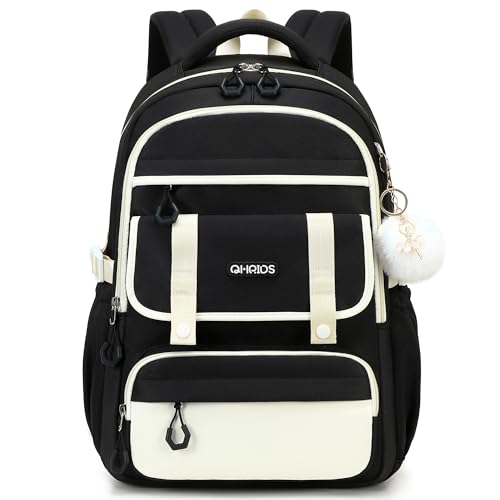 School Backpack for Girls, Laptop Backpack 15.6 Inch Kids Elementary Middle High School Bag Anti Theft Cute College Bookbags for Teens Girls Women Students Casual Travel Daypack,Black Beige - color: Black Beige
