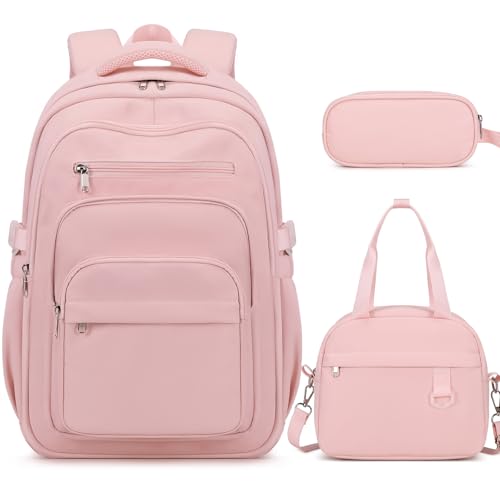 DIGOBAY Backpack for School Girls Boys, College Backpack with Lunch Bag Pencil Case for Teens Kids Elementary Middle High School, Casual Multi-Pocket Travel Daypack with USB Port for Women Men Pink - color: Pink