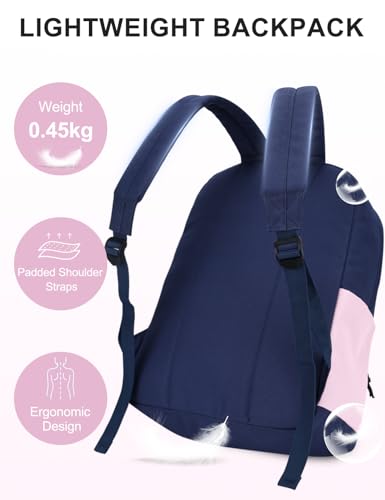 VASCHY Lightweight Backpack for School, Water Resistant Classic Bookbag with Side Pockets for Girls Kids,Teens Blue Pink - color: Midnight Blue & Pink