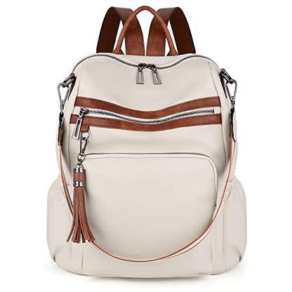 UTO Women Backpack Purse Leather Vegan Ladies Fashion Designer Rucksack Convertible Travel Shoulder Bag with Tassel - color: 01226 Beige Brown, size: Large