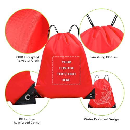 JEOHLORY pack of 50 Custom Bags With Your Logo,Drawstring Backpacks Bulk String Bag,Great for Travelling, Gym and for Everyday Use (Custom Red) - color: Custom Red