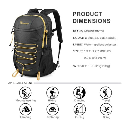 MOUNTAINTOP 25/30L Lightweight Hiking Backpack, Outdoor Daypack - color: 30l-black