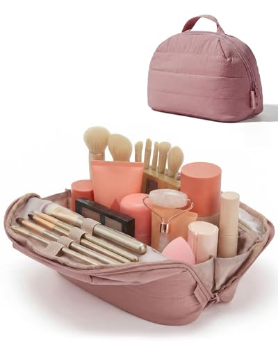 BAGSMART Travel Makeup Bag for Women, Portable Fold-down Cosmetic Case, Puffy Padded Make Up Organizer Pouch, Water-resistant Toiletry Bag for Toiletries, Brushes (Dark Pink) - color: Dark Pink