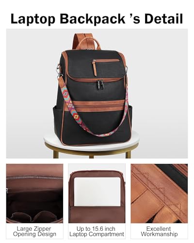 FADEON Laptop Backpack for Women Leather Travel Backpack with Laptop Compartment, Designer PU Shoulder Laptop Bag Black Brown - color: Retro Black With Brown