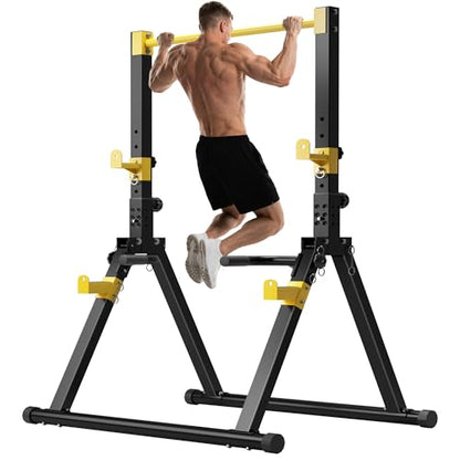 DlandHome Foldable Power Tower Pull Up Bar Dip Station, Adjustable Height Multifunction Workout Pull Up Tower Station for Home Gym, Strength Training Equipment, Triangular Legs, Up to 330lbs - color: Yellow