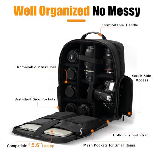 Cwatcun Camera Backpack, DSLR/SLR/Mirrorless Camera Bag for Photographers, Waterproof Leather Coating Camera Case with Tripod Holder&Laptop Compatible with Canon/Nikon/Sony/Fuji - color: Black