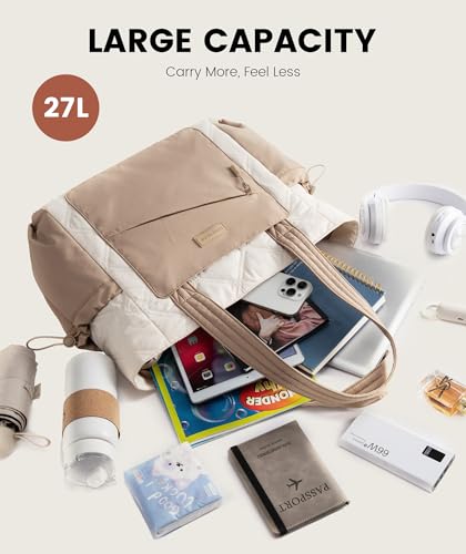 LOVEVOOK Tote Bag for Women, puffer tote bag for Work Travel Nurse, Lightweight quilted Bags with Compartments - color: M-15.6 Inch-cream-khaki