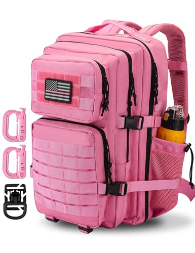 Hannibal Tactical 45L MOLLE Assault Backpack, Tactical Backpack Military Army Camping Rucksack with Bottle Holder, 3-Day Pack Trip w/USA Flag Patch, D-Rings, Pink - color: Pink, size: 45L