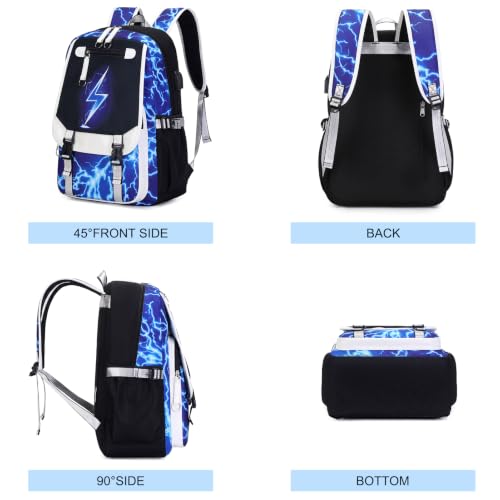 Bevalsa Backpack for Boys, Cool Luminous Boys Backpack with Sling Bag, Lunch Box & Pen Case, School Bags for Kids Children Teens Elementary Middle Schools, Bookbag Glow In The Dark (Lightning) - color: Blue Lightning