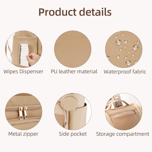 Large Leather Diaper Bag Backpack, Baby Travel Bag with Changing Pad, Insulated Pockets, Stroller Straps and Pacifier Case, Water-Resistant Diaper Bag for Mom and Dad, Khaki - color: Khaki