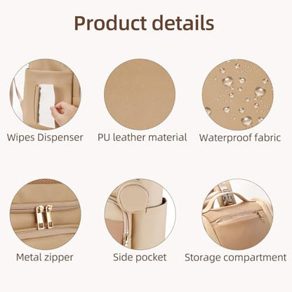 Large Leather Diaper Bag Backpack, Baby Travel Bag with Changing Pad, Insulated Pockets, Stroller Straps and Pacifier Case, Water-Resistant Diaper Bag for Mom and Dad, Khaki - color: Khaki