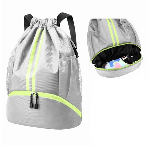 Hoedia Sports Drawstring Backpack - String Swim Gym Bag with Shoes Compartment and Wet Proof Pocket for Women and Men - color: Grey, size: Medium