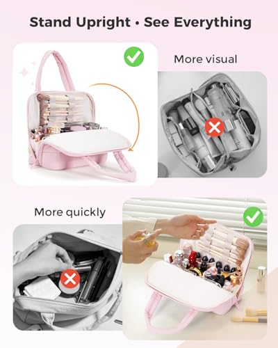 Wandering Nature Standing Makeup Bag for Travel, Portable Fold-down Cosmetic Organizer, Puffer Open Make Up Pouch with Handle & Divider & Brush Holder, Easy Clean Toiletry Bag with EVA Lining - color: A1: Pink